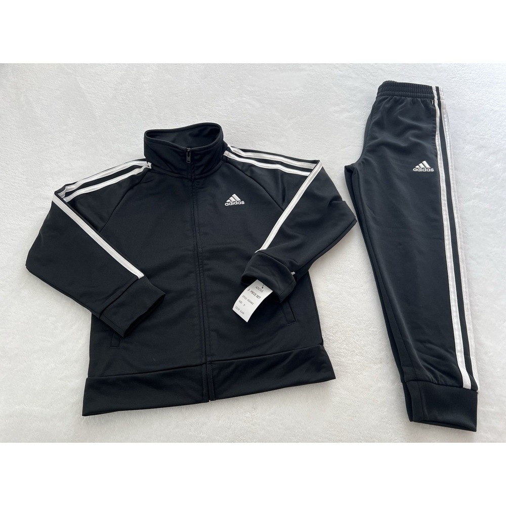 Adidas Black Classic Tracksuit White Striped Kids Unisex 2 Pc Pants Jacket Sz‎ 5